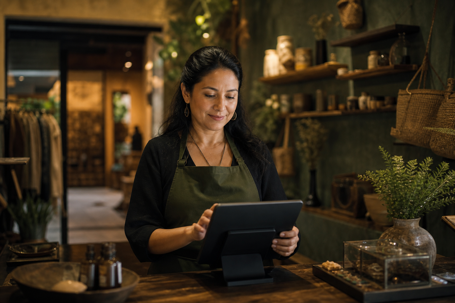 Comercio local usando tablet en mostrador